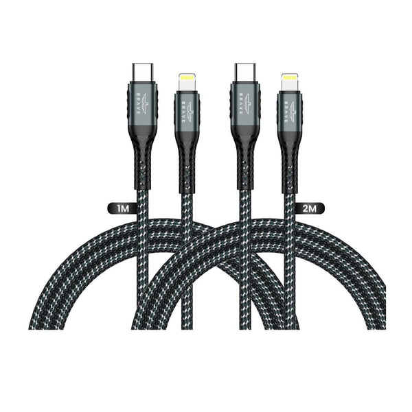 Brave Braided Data Cable Type-C To Lightning Cable 2in1 Pack - Black